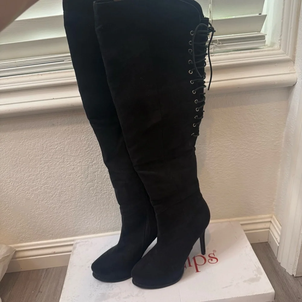 Elegant Black Over-the-Knee Boots, Black High Knee Boots, High Heel Boots